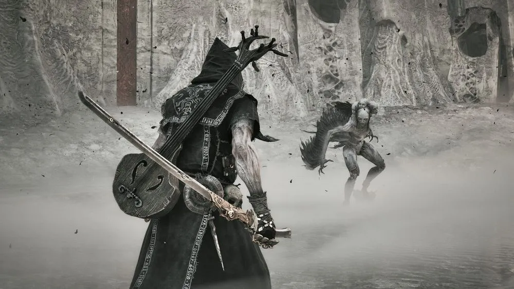 A Mortal Shell II player character facing enemies in a snow-covered ruin.